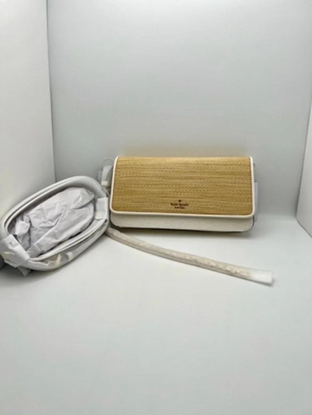 ♠️ NWT Kate Spade Ivy Straw Flap Crossbody Bag Natural White Leather Convertible